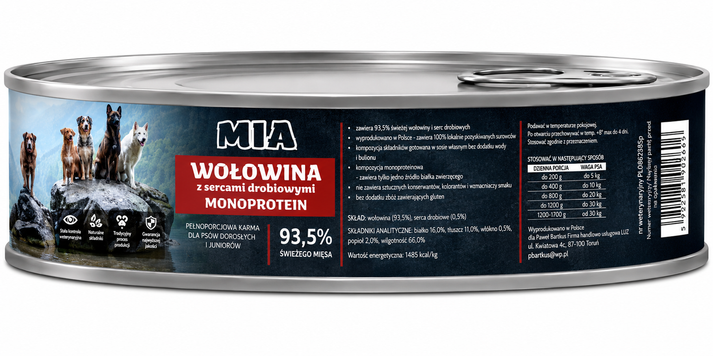MIA Wołowina z sercami drobiowymi Monoprotein karma dla psa 410g