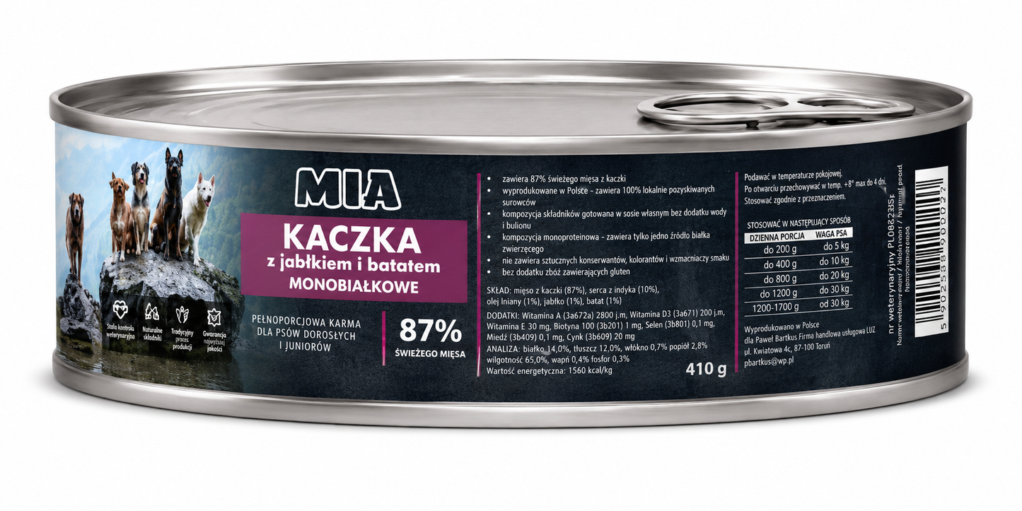 MIA Kaczka z jabłkiem i batatem Monobiałkowe karma dla psa 410g